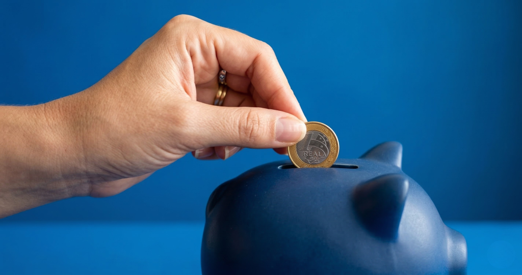 Close de uma mão feminina inserindo uma moeda de 1 Real em um cofre azul (porquinho), com foco nos dedos e na moeda. Fundo azul sólido e iluminado.